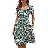 Berydress Women's Summer Dresses 2025 Pockets Short Sleeve Square Neck Flowy A Line Casual Beach Smocked Mini Sun Dress