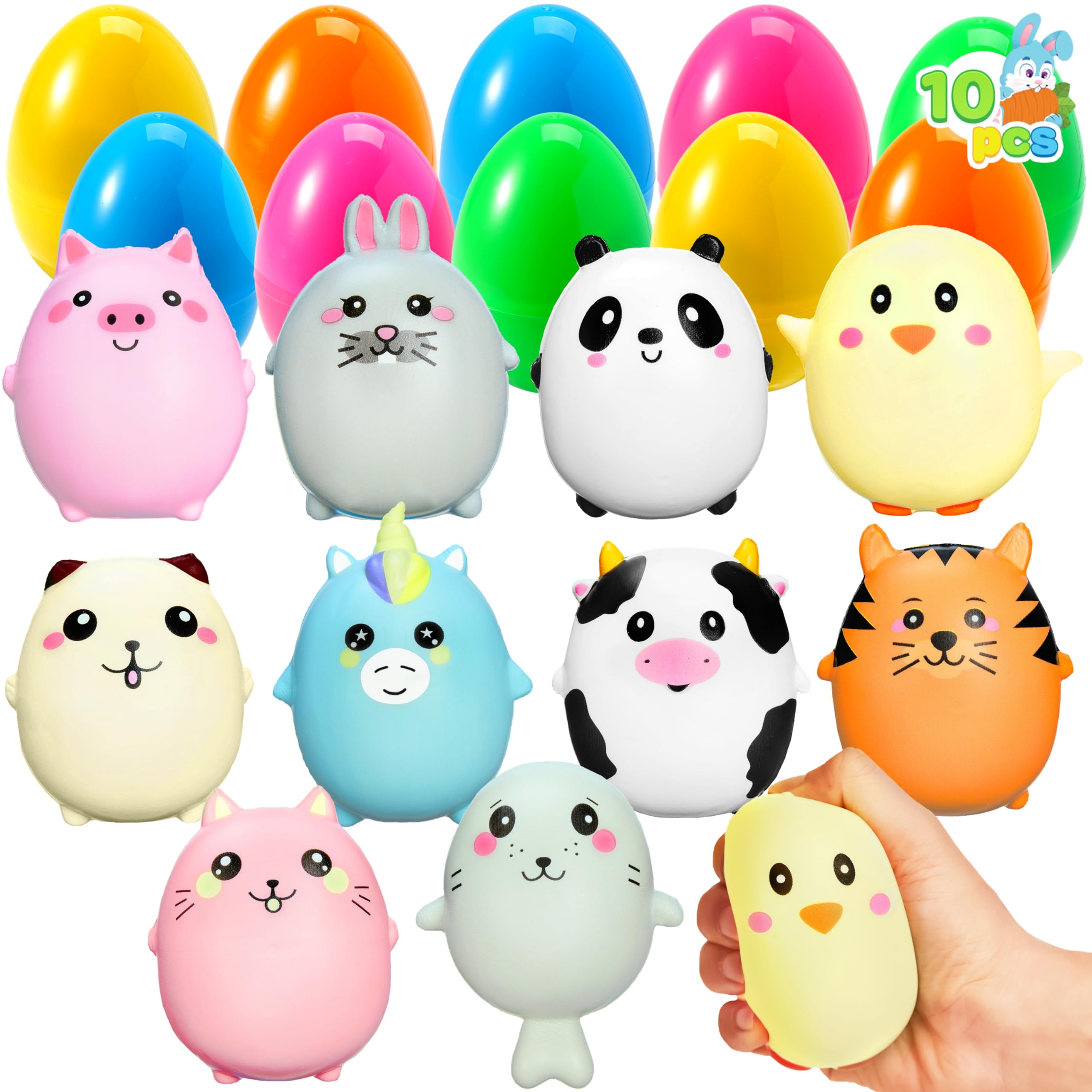 JOYIN 10 Pcs Jumbo Easter Eggs Filled with Cute Stress Reliever Animal Squishy Toy for Easter Egg Hunt, Kids Party Favor, Basket Stuffers, Filling Treats, Goodie Bag Fillers, Classroom Prize Supplies