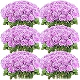 Jexine 50 Pcs Artificial Rose Flower Bulk Realistic Silk Fake Roses with Long Stem Plastic Artificial Flower Bouquet Real Looking for Home Wedding Centerpieces Party Decoration(Light Purple)