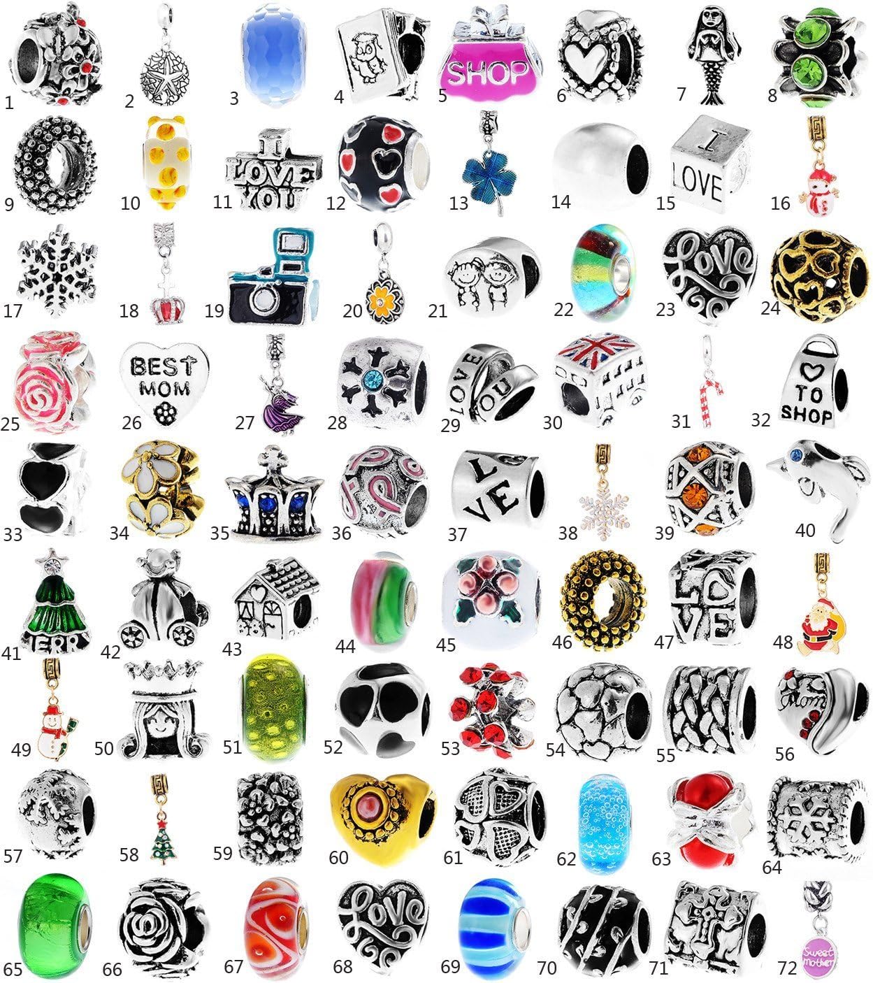 1000 Model Choices of Silver Charms, Rhinestone Birthstone charms, Crystal Bead Charms, Glass Beads and Spacers fit for pandora Snake Chain Charms Bracelet Pack of 10 pcs