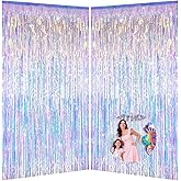 Iridescent Party Decorations Fringe Backdrop, Sparkling Holographic Foil Fringe Tinsel Curtains for Frozen Mermaid Birthday Party Decor - 3.28x6.56ft 2 Packs