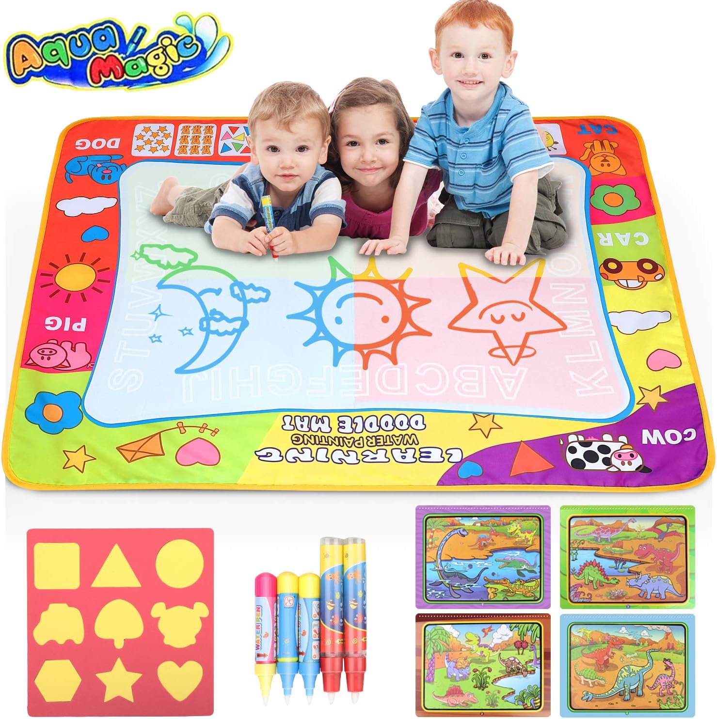 lenbest Water Drawing Mat, Mess-Free Drawing Doodle Mat Aqua Magic Mat - Ideal Writing Mats for Kids with 1 Doodle Water Book & 5 Pens & 9 Stamps, One FREE Doodle Water Book