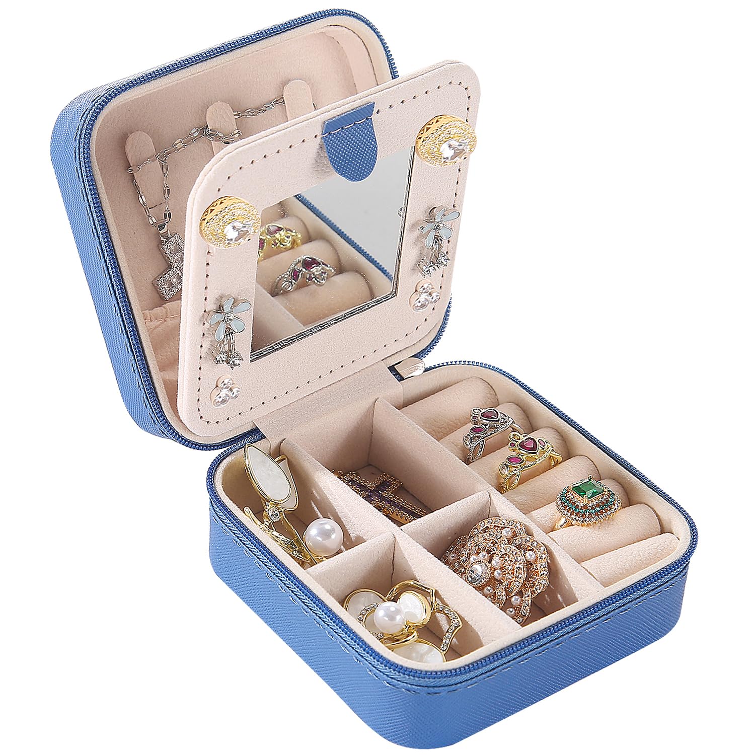 Photo 1 of KElofoN Travel jewelry case Travel jewelry box Travel Jewelry Organizer Small Jewelry Organizer Box Gift for Girls Women with Mirror(Deep blue)