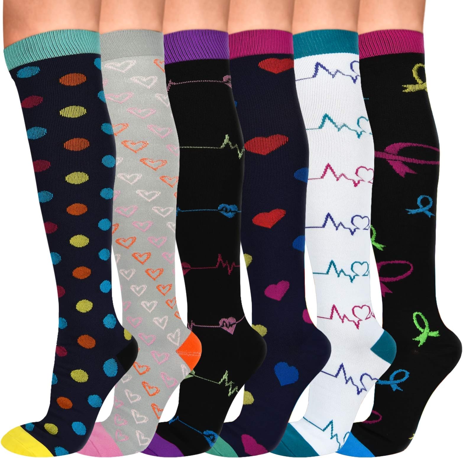 6 Pair Compression Socks for Women & Men, Knee High Compression Socks 15-20 mmHg for Nurses, Travel, Pregnancy, Christmas(S/M)