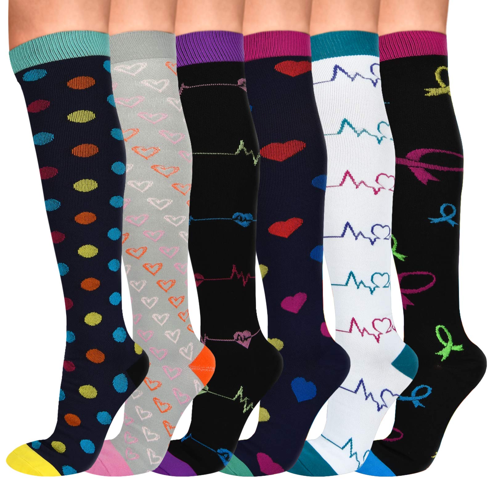 6 Pair Compression Socks for Women & Men, Knee High Compression Socks 15-20 mmHg for Nurses, Travel, Pregnancy, Christmas(S/M)