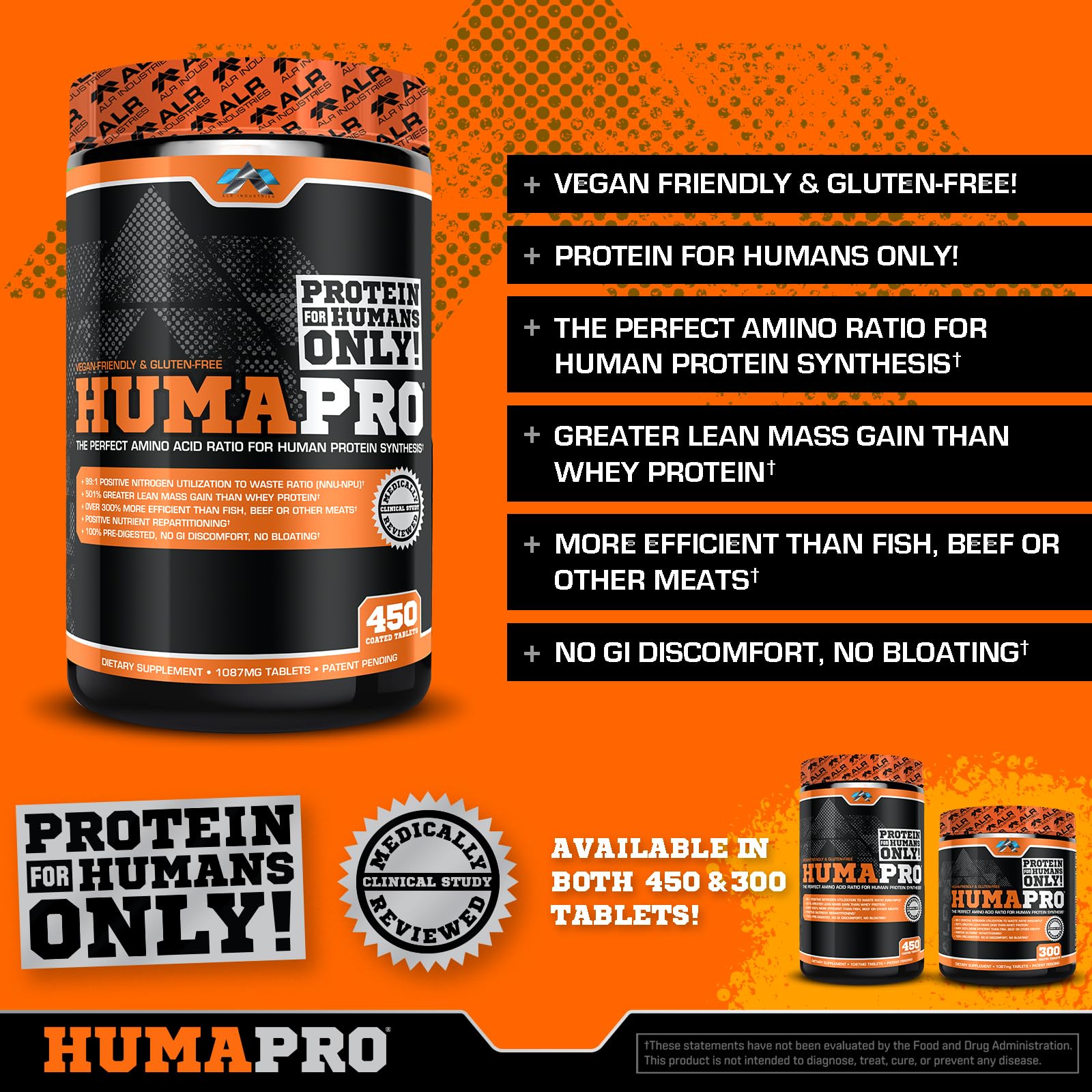 ALR Industries Humapro Tablets | Amino Acids Protein Matrix for Humans | 99% Utilization for Lean Muscle | Vegan, Gluten Free | 450 Tablets / 90 Servings