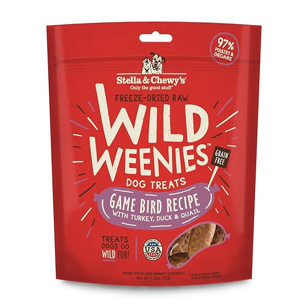 STELLA & CHEWY’S FREEZE-DRIED RAW WILD WEENIES DOG TREATS – HIGH-PROTEIN TRAINING TREATS FOR DOGS & PUPPIES – ALL-NATURAL GAME BIRD RECIPE WITH 97% TURKEY, DUCK & QUAIL – USA MADE – 3.25 OZ BAG