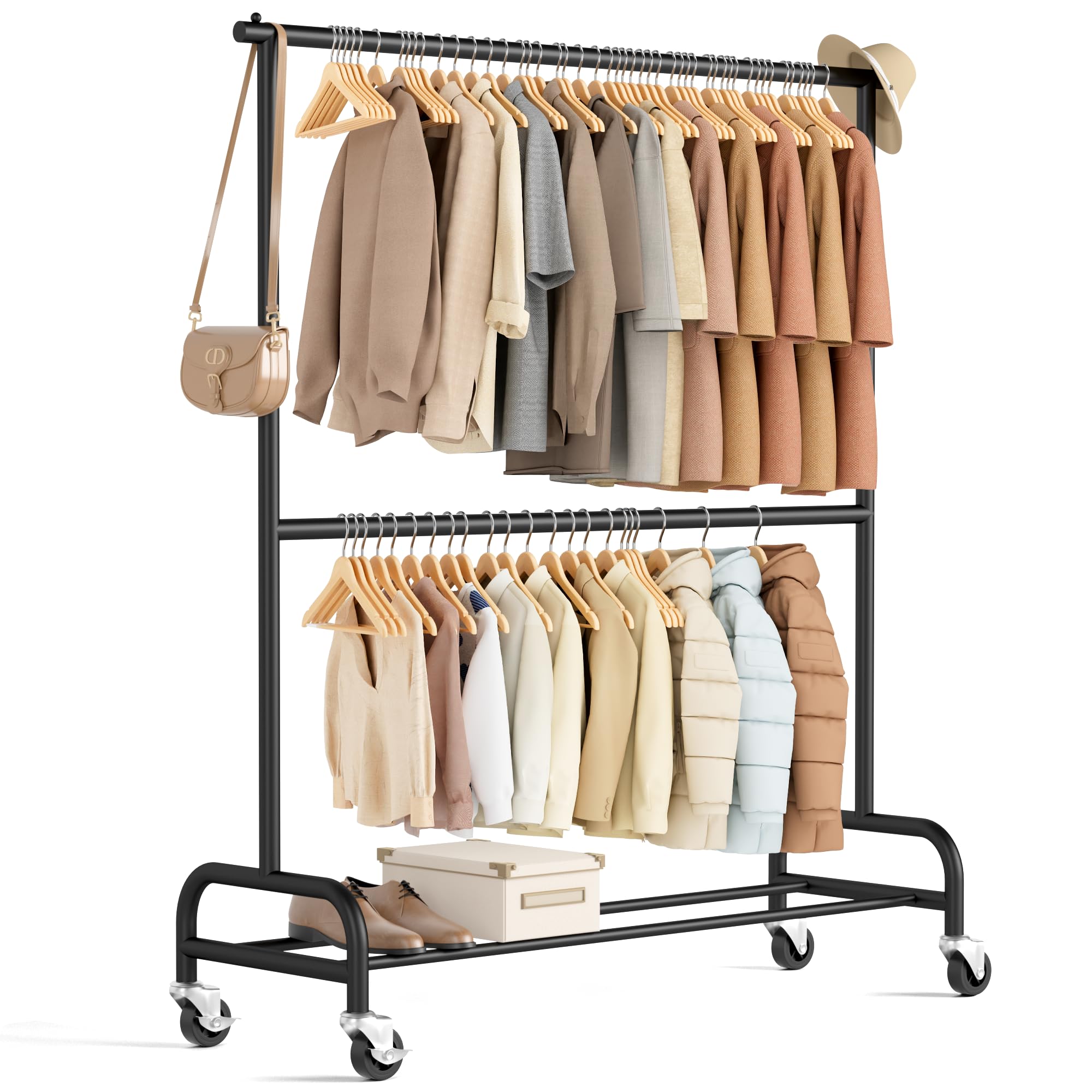 Photo 1 of MISSLO Heavy Duty Clothes Rack for Hanging Clothes Rolling Clothing Rack Heavy Duty on Wheels for Coat, Garment, Matte Black (Double Rod)