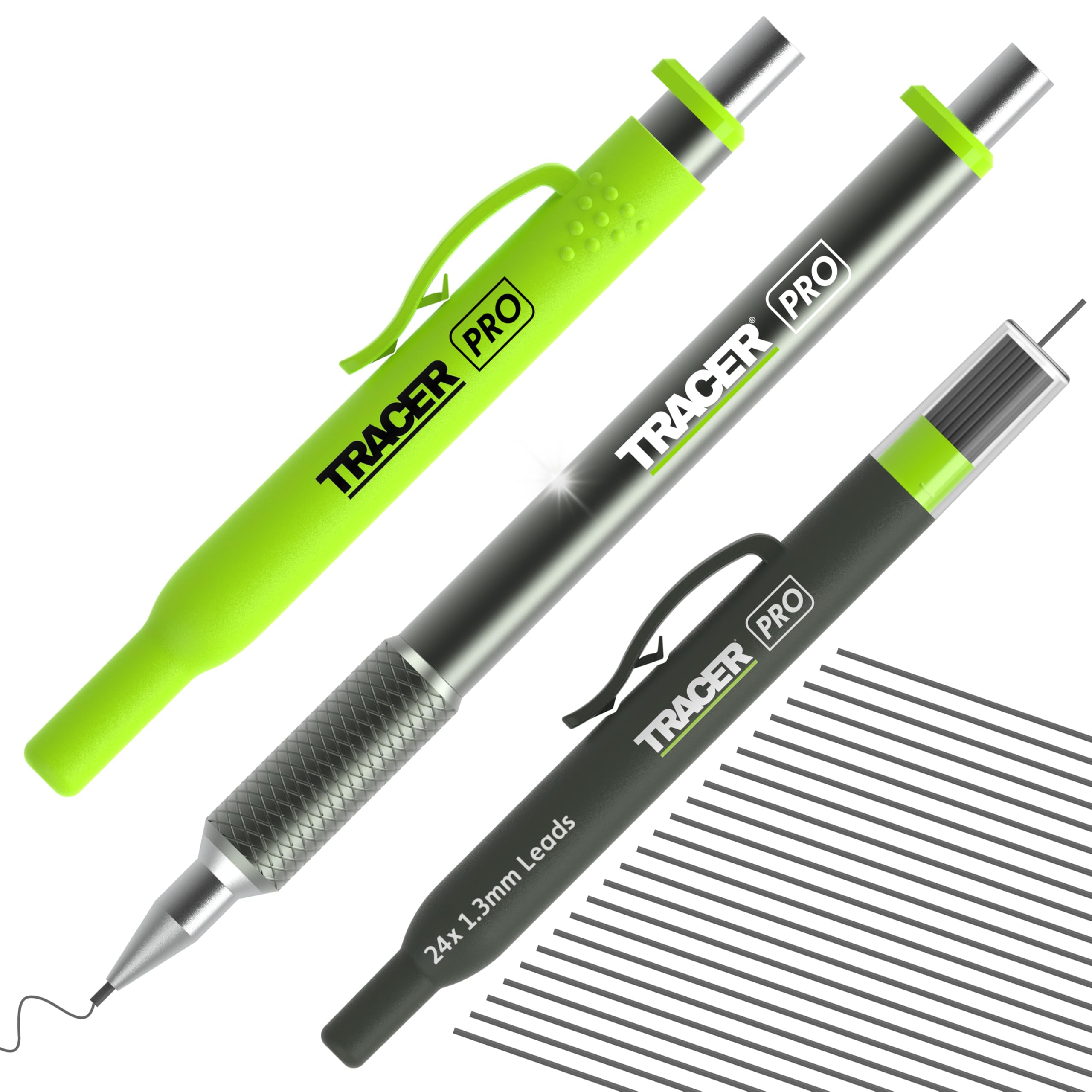 Tracer Pro Series Precision Pencil with 24 x Replacement 1.3mm Leads and Site Holsters. All-in-one Aluminium Precision Marking Kit