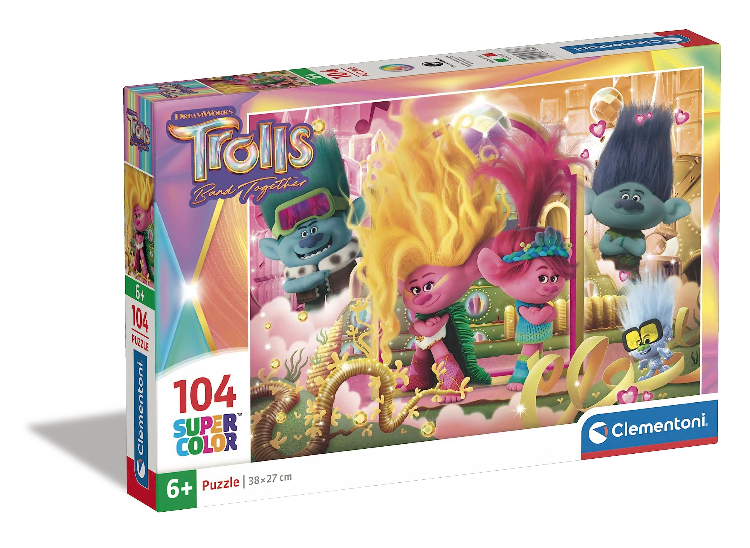 Clementoni - 27268 - Supercolor Puzzle - Trolls 3-104 Pieces, Jigsaw Puzzle For Kids Age 6, Puzzle Cartoon, Made In Italy