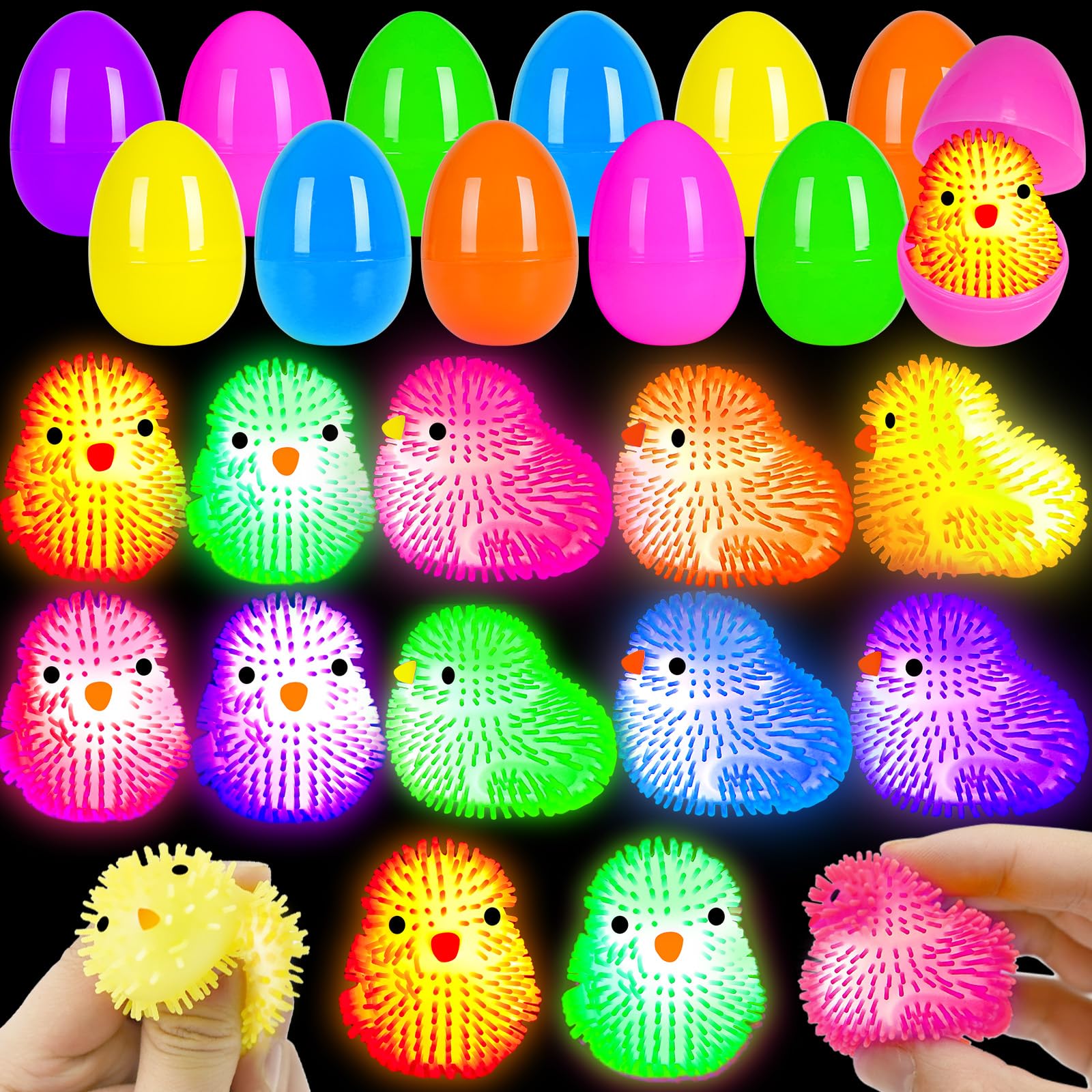 ZICZLI 12 Pack Flashing LED Chick Puffer Balls Easter Egg Fillers, Light Up Spiky Toys Bulk for Kids Boys Girls, Glow in The Dark Party Favors Classroom Prizes Easter Basket Stuffers