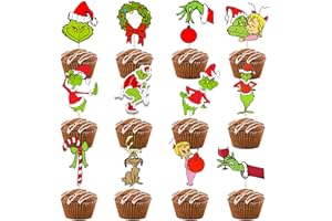 VARACL 24 Pieces Grin-ch Cupcake Toppers, Grinchmas Cupcake Toppers Food Fruit Picks for Grinching Party Dessert Decoration, Grin Birthday Cake Decor, Grin Christmas Party Decorations Supplies