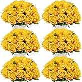 Jexine 50 Pcs Artificial Rose Flower Bulk Realistic Silk Fake Roses with Long Stem Plastic Artificial Flower Bouquet Real Looking for Home Wedding Centerpieces Party Decoration(Yellow)