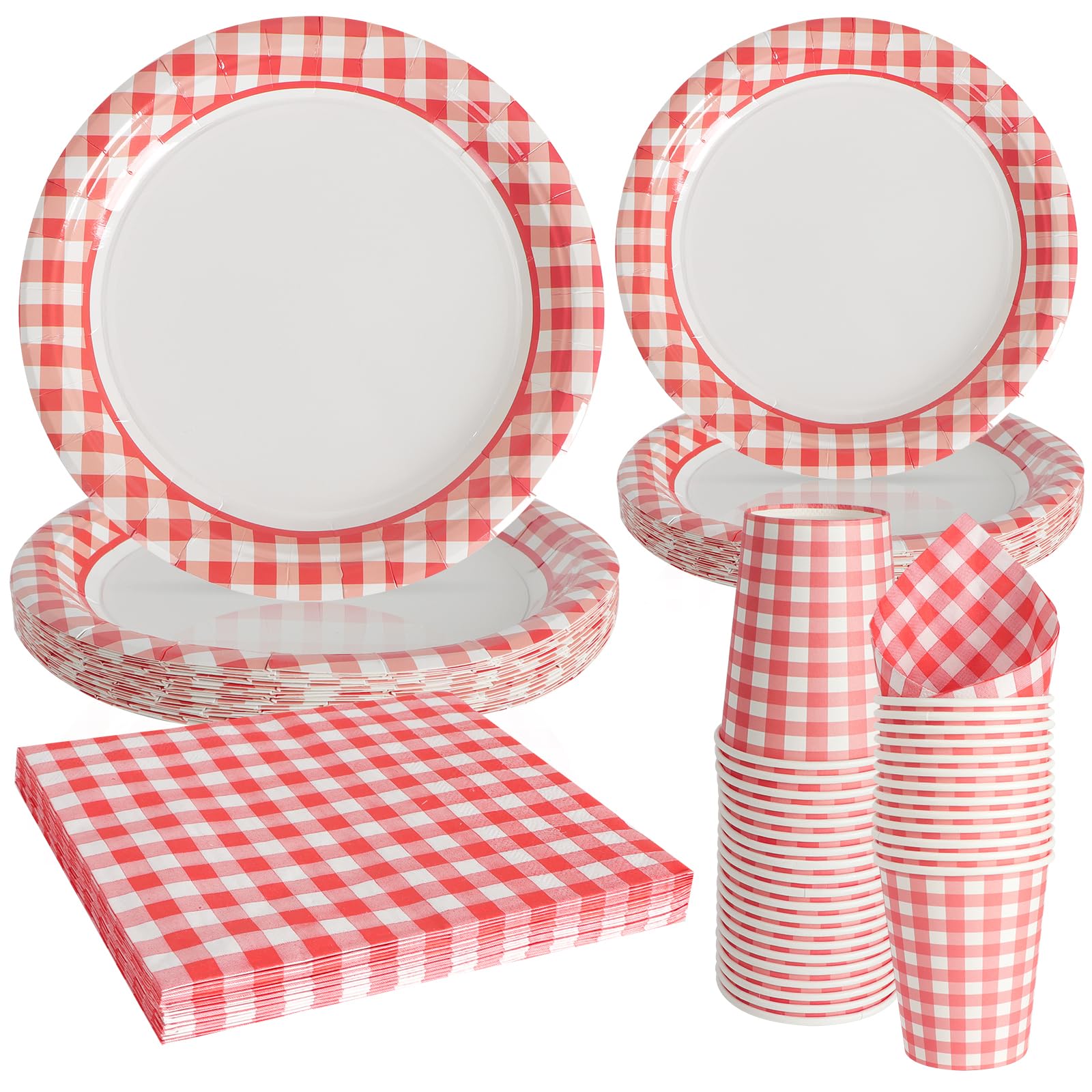 PARTY GO 96 Pcs Paper Plates for Dinner and Dessert, Chequer Red Disposable Plates Party Supplies Pack for Theme Party Decorations
