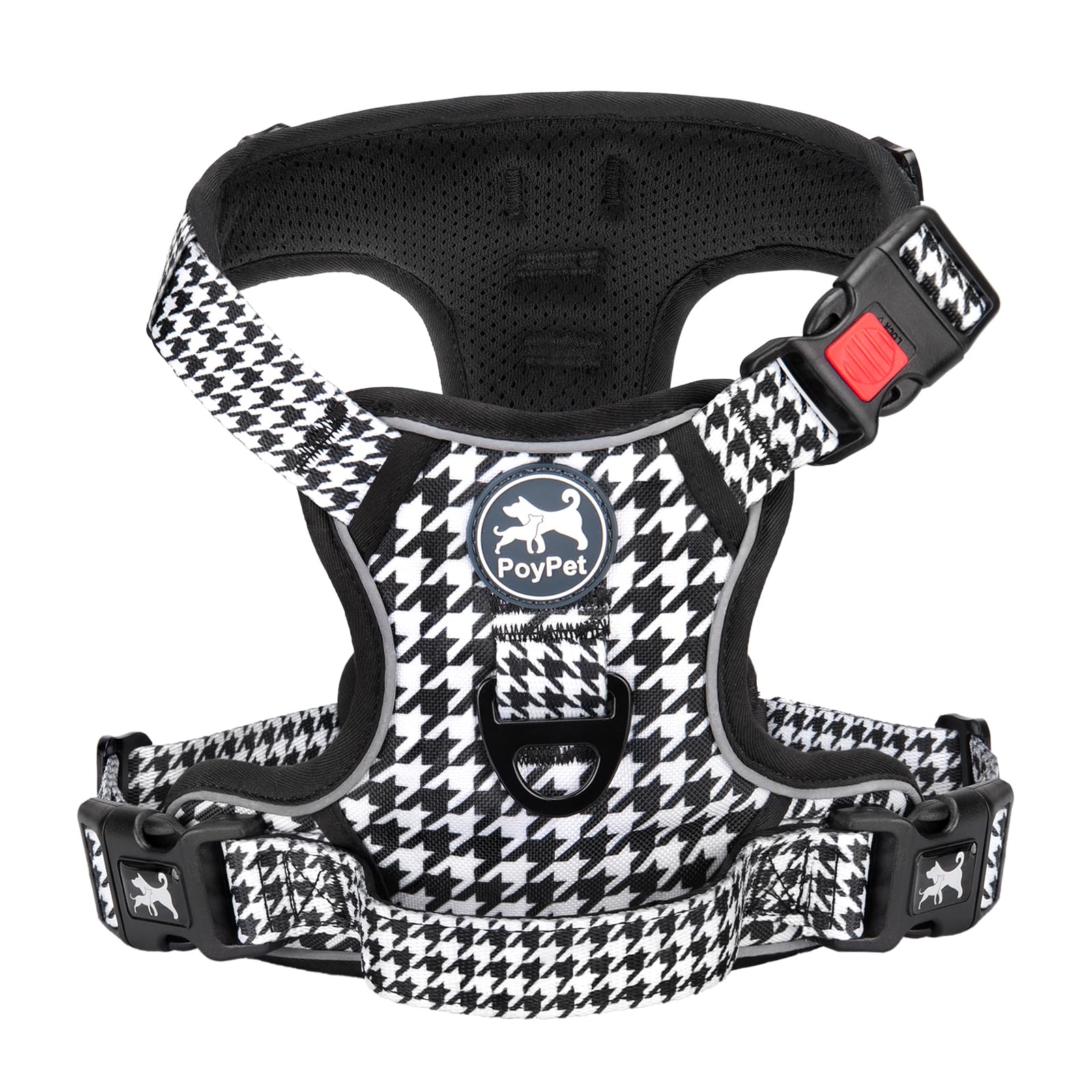 PoyPet No Pull Dog Harness, [Release on Neck] Reflective Adjustable No Choke Pet Vest with Front & Back 2 Leash Attachments, Soft Control Training Handle for Small Dogs(Houndstooth,S)