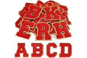 CHRORINE 26/52/104 Pcs Self Adhesive Chenille Letter Patches A-Z, Also Supports Sew or Iron on, Embroidered Alphabet Patches Stickers for DIY Clothing, Bags, Hats (26, Red, Height 2.16″)