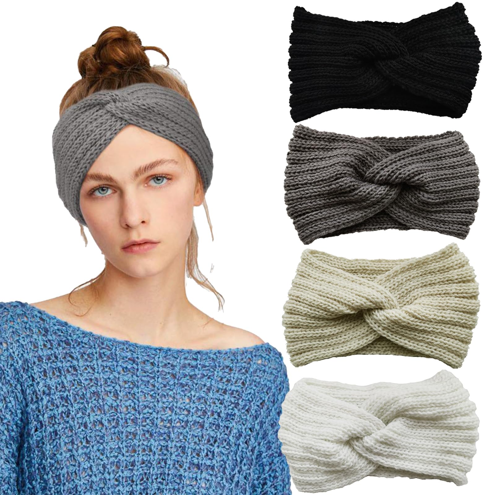 4PCS Knitted Headband Women, Winter Headbands for Women, Ear Warmer Headband, Ear Muffs Women, Elastic Twist Running Ear Warmers, Hair Bands for Women and Girls, Warm Winter Gifts