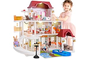 TUZT Doll House with 45 Pcs Furniture and Accessories, 3-Story with 4 Animal Dolls, Food Cooking Set, Warm Lights, Pool Slide and Movable Elevator, Pretend Play Dream Dollhouse for Girls 3+