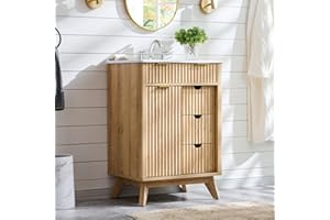 T4TREAM 24" Fluted Bathroom Vanity with Ceramic Sink Combo，Freestanding Small Modern Bathroom Storage Vanity Cabinet with Sliding Door & 3 Drawer，Wood Grain Texture，Metal Handle，Natural Oak