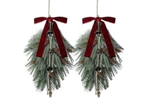 Shihanee 2 Pcs 24" Christmas Teardrop Swag Rustic Door Swag Teardrop Wreath Artificial Norfolk Pine Hanging Garland Greenery with Bell Velvet Bow for Outdoor Mantle Fireplace (Wine Red,23.6 Inch)