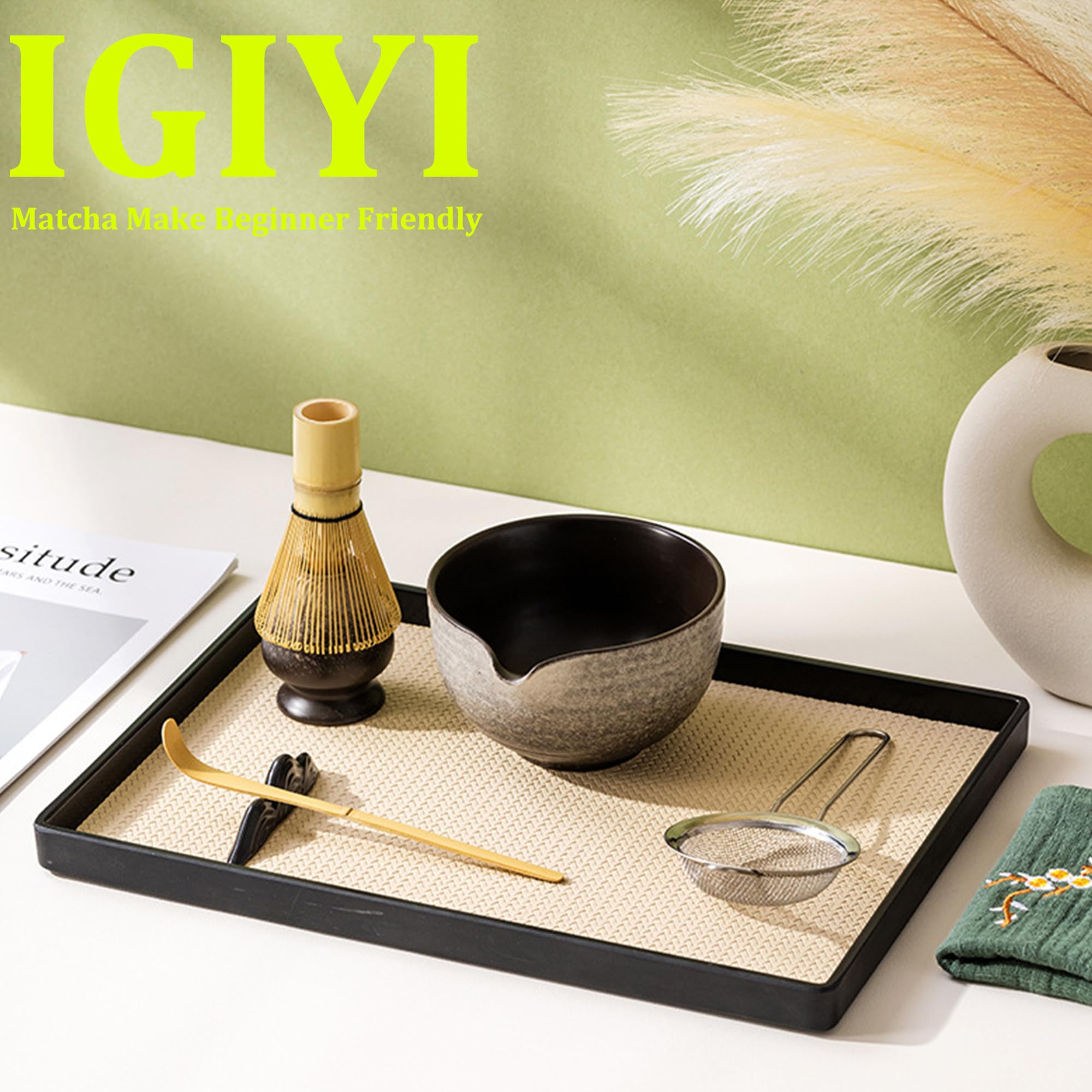 ​​Japanese Matcha Set 7pcs - Ceramic Bowl & Hyaku Hon Tachi Bamboo Whisk (Chasen), Chashaku Spoon, Strainer, Cloth - Traditional Tea Ceremony Kit​