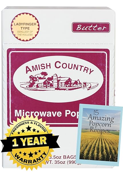 AMISH COUNTRY POPCORN – LADYFINGER BUTTER MICROWAVE POPCORN -10 PACK- WITH RECIPE GUIDE