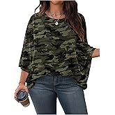 SOLY HUX Women's Plus Size Camo T Shirt Crewneck 3/4 Sleeve Oversized Tees Casual Summer Tops