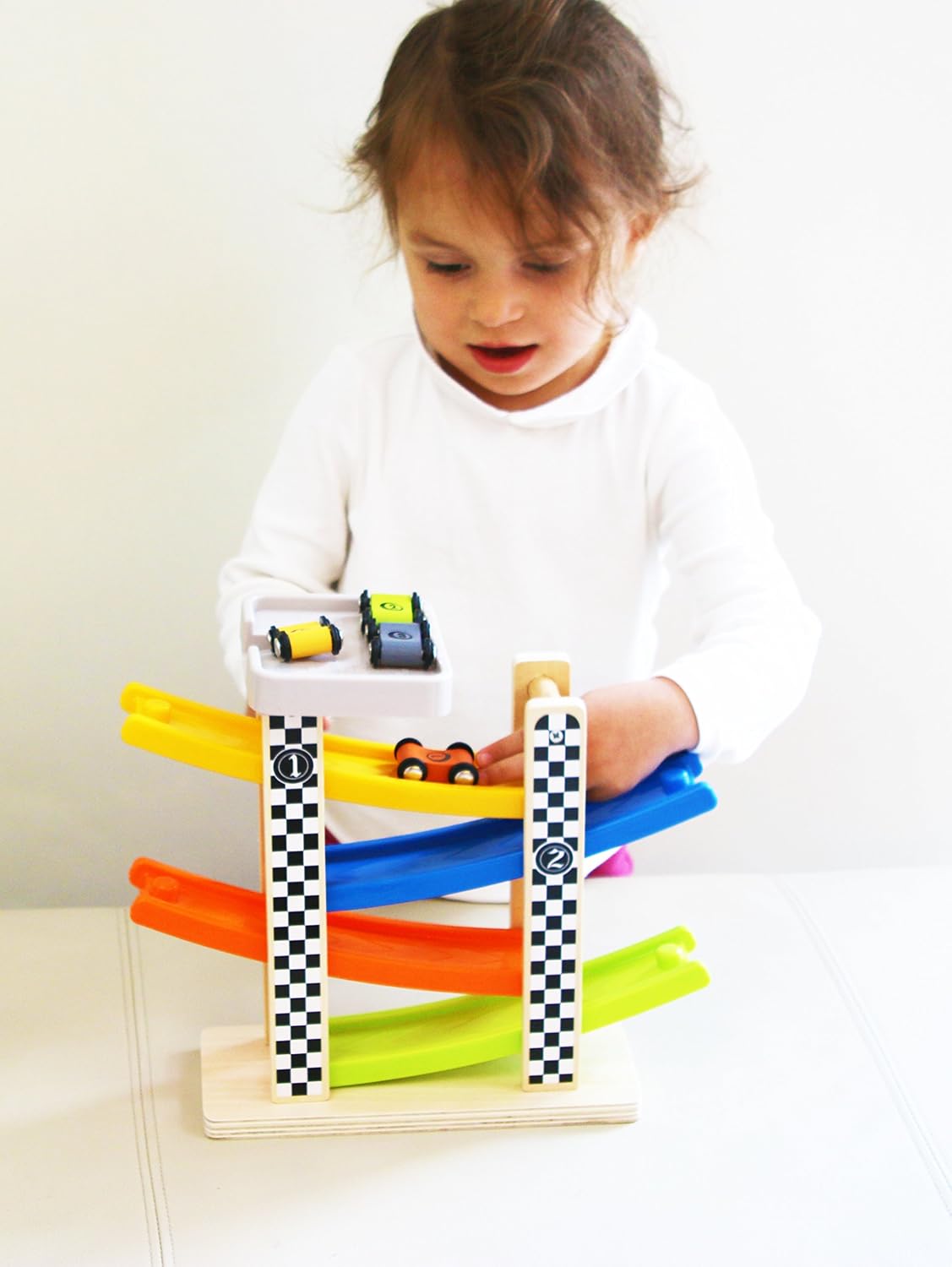 TOWO Zig Zag Ramp Toy - Slide Track with 4 Cars & Rooftop Parking Playset - Click Clack Racing Toy for Toddlers Boys Girls Ages 1-4 - Image 5