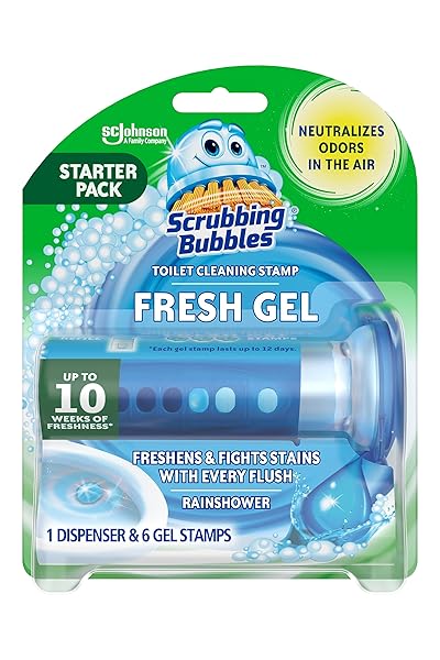 SCRUBBING BUBBLES FRESH GEL TOILET BOWL CLEANING STAMPS, HELPS KEEP TOILET CLEAN AND HELPS PREVENT LIMESCALE & RINGS, RAINSHOWER SCENT, 1 DISPENSER WITH 6 FRESH GEL STAMPS