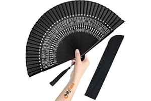 OMyFans Hand Fan for Women Foldable - Folding Chinese Japanese Vintage Bamboo Silk Fan - Ideal for Hot Flashes, Church, EDM, Festivals, Dancing and Gifts (Sexy Black-S)