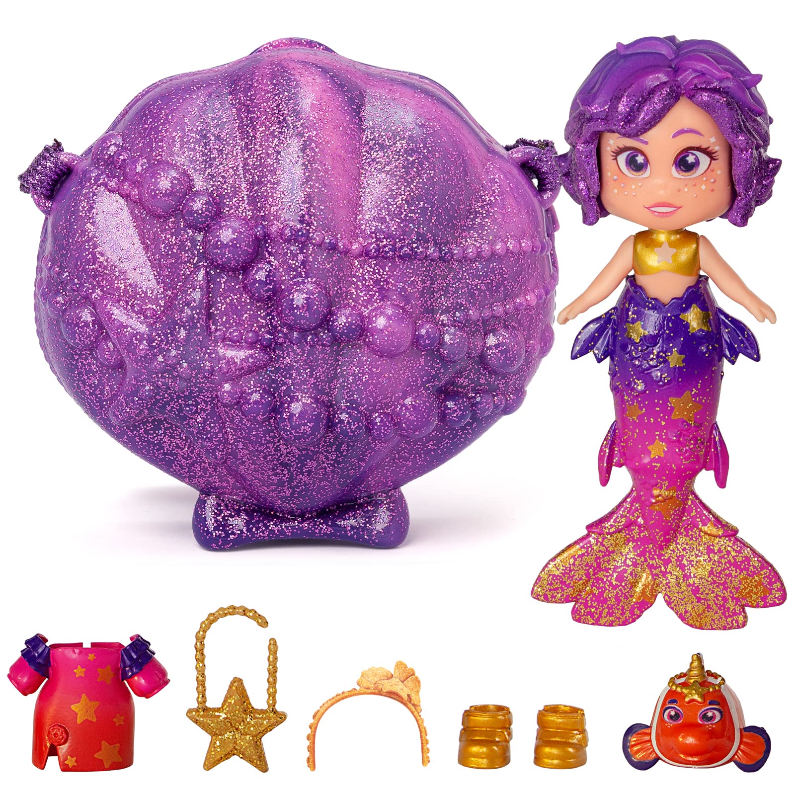 KOOKYLOOS - 1 doll 3 unique expressions! STAR Mermaid doll with 1 shell-bag, 1 mermaid tail, 1 pet, clothes and accessories