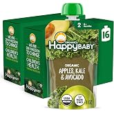 HAPPY BABY Clearly Crafted, Stage 2, Apples, Kale &amp; Avocados, 4oz Pouch(16) | USDA Organic &amp; Vegan Baby Food, 1.5 Servings of Fruit, Gluten-free, Clear Pouch Shows Real Ingredients Inside, Non-GMO