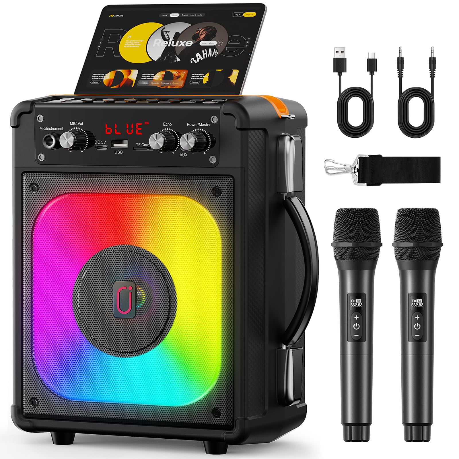 Photo 1 of HWWR Karaoke Machine, Portable Bluetooth Speaker with 2 Wireless Microphones for Adults & Kids,Singing Machine for Parties and Gatherings, PA System Supports TWS/USB/TF/REC/AUX and TV Connected