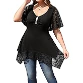 ZNU Women Plus Size Lace Trim Short Sleeve Summer Shirt 2025, V Neck Sequins Tops Casual Party T-Shirt Flowy Tunic