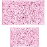 HZFLBN Pink Chenille Bathroom Rugs Set 2 Piece - Non Slip Absorbent Bath Mat for Shower, Quick Dry Machine Washable Floor Mats, Soft Plush, 17"x24"+20"x32" Inch
