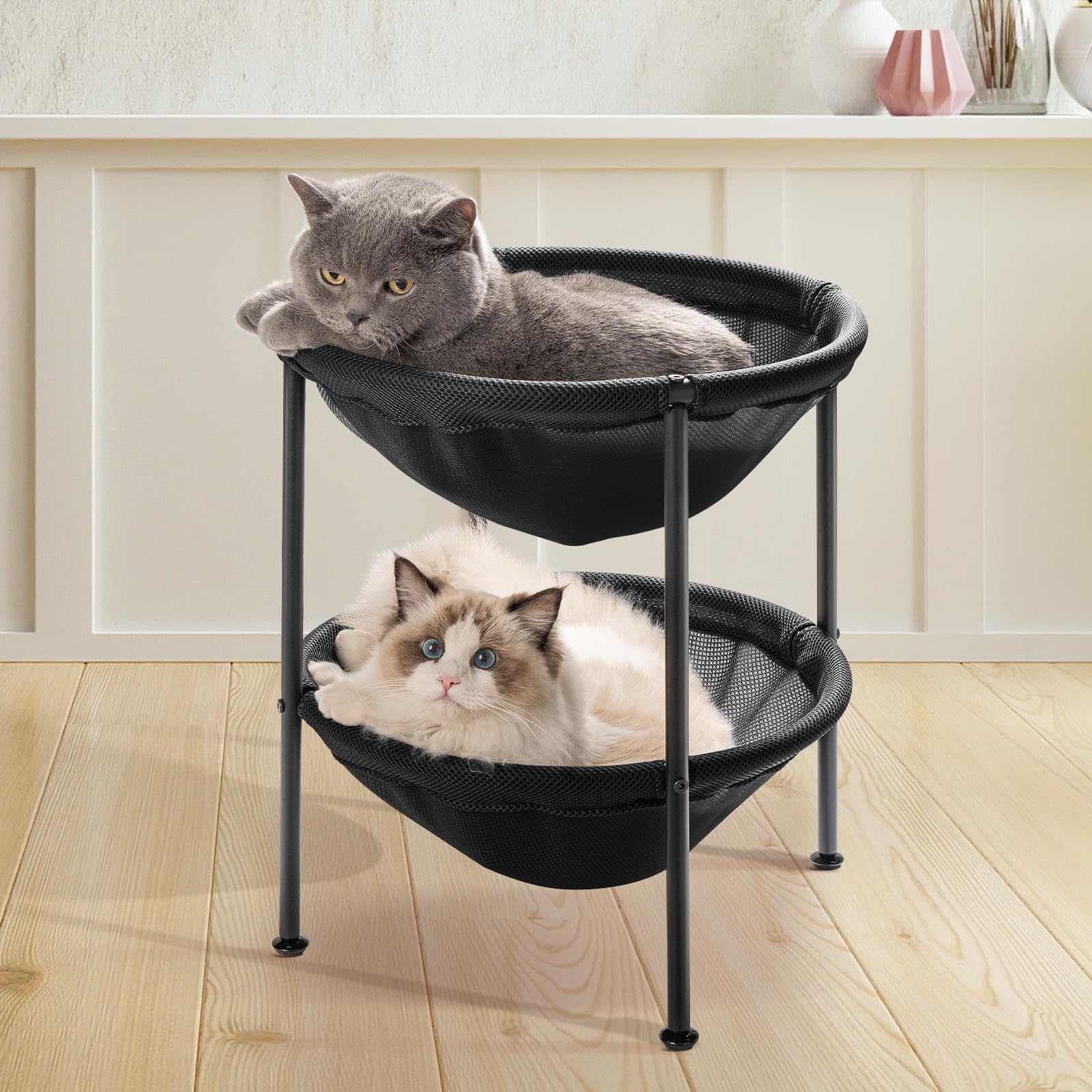Photo 1 of JUNSPOW Double Cat Bed Black, Breathable Pet Bed for 2 Cats with 4 Adjustable Feet & Anti-Slip Mats, Easy Assembly Cat Hammock for Multi-cat Household, Indoors & Outdoors, 22.8 in x18.7 in x 18.7 in