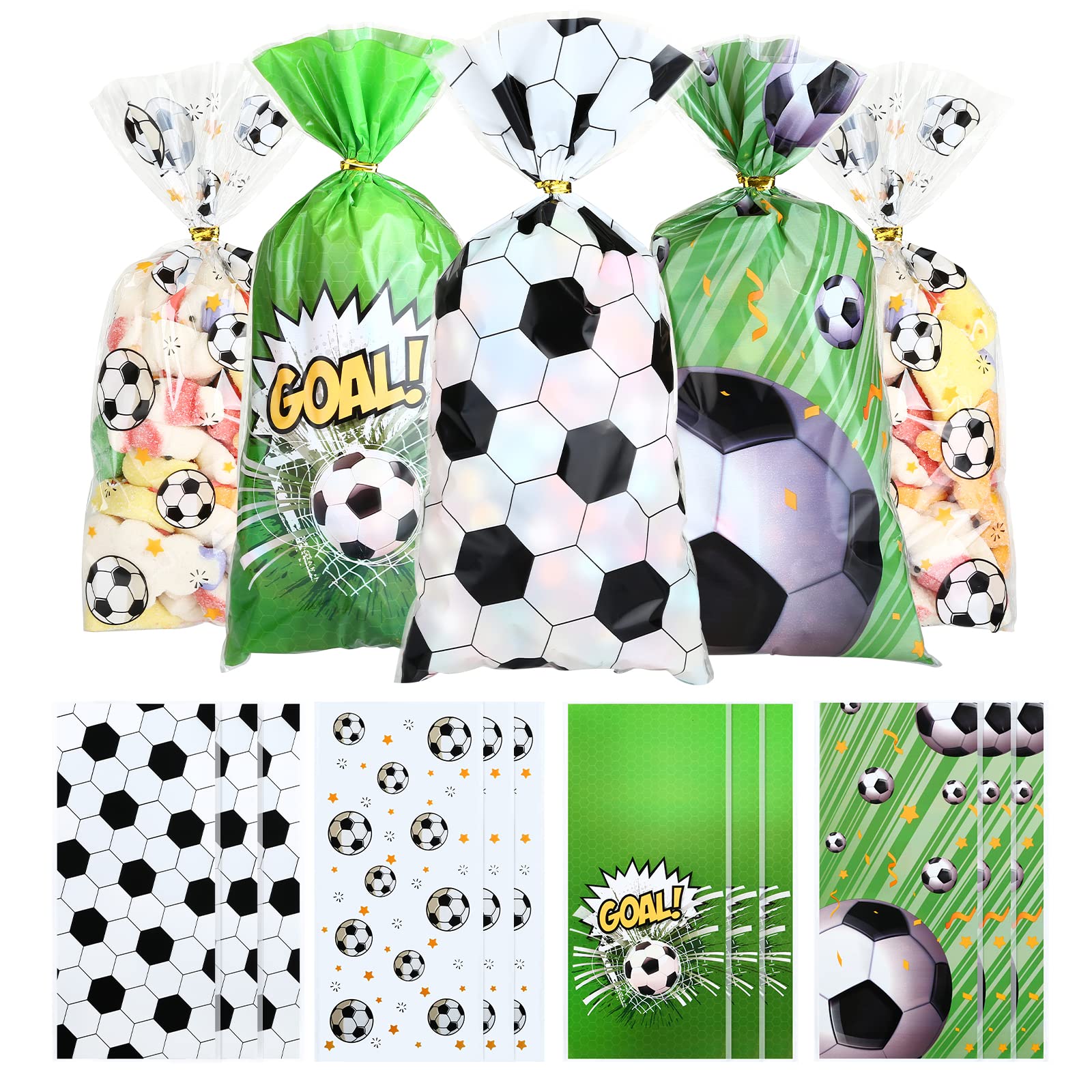 KESOTE 100 Pack Football Party Bags with Twist Ties, Soccer Treat Bags for Candy Chocolate Popcorn Snack in Sport Event Supplies Birthday World Cup Party - 5 x 10 ''