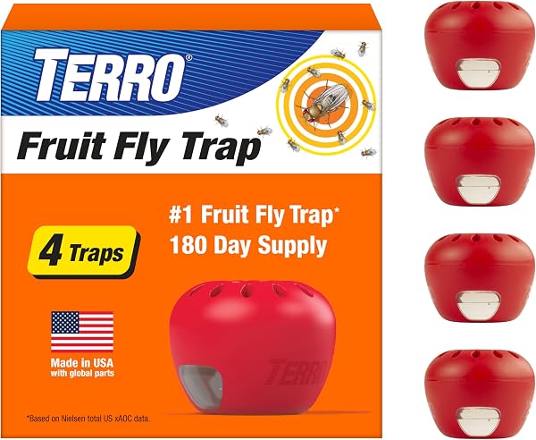 TERRO Fruit Fly Trap 4-Pack, 180 Day Lure Supply, Food-Based Lure | Apple-Shaped Design for Kitchen Counters, Fruit Bowls, Tr