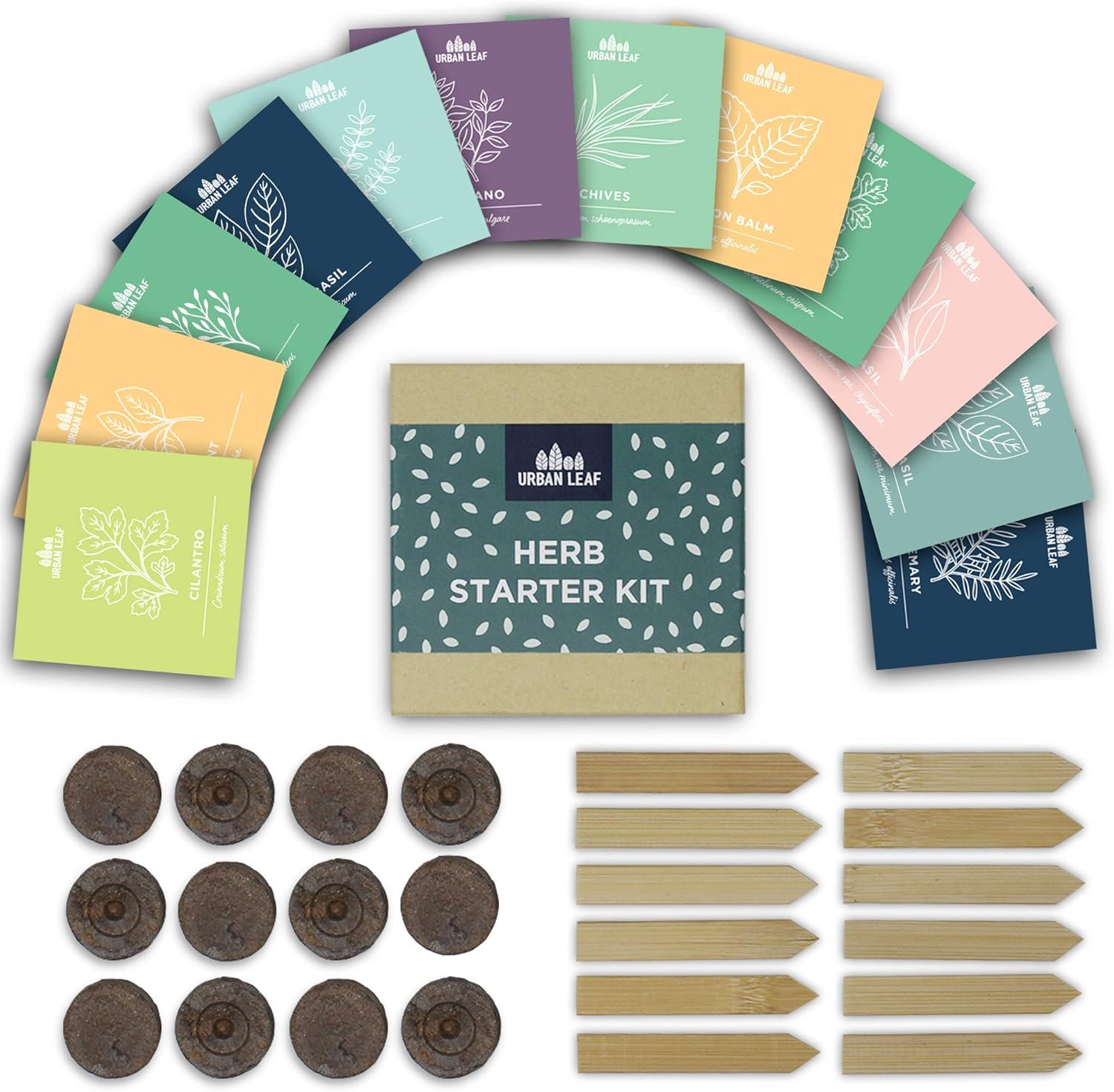 Urban Leaf - Indoor Herb Garden Starter Kit - Soil Starter Discs, 12 Compact Herb Seed Varieties, Bamboo Labels and Detailed Instructions - DIY Kitchen Grow Kit for Growing Herb Seeds Indoors