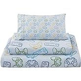 Viviland 3 Pieces Boys Grey Twin Sheet Set - Soft Microfiber Fitted Flat Sheets &amp; Pillowcase - Game Player Paddle Printed Bedding Sets - for Kids &amp; Toddlers