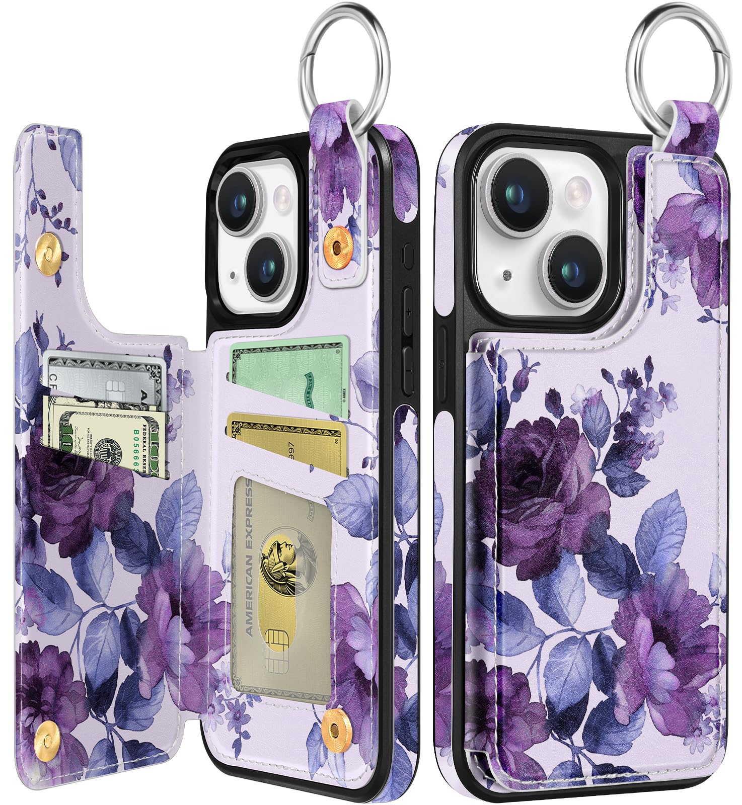 Photo 1 of Shorogyt Compatible with iPhone 14 Wallet Case with Card Holder - Designer Purple Flower Pattern Kickstand Magnetic Clasp Back Flip Folio Leather Phone Covers
