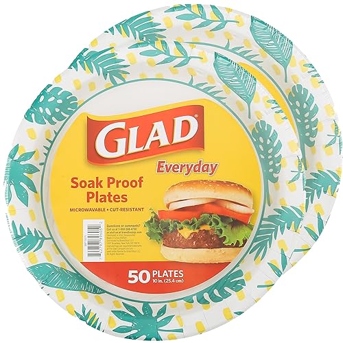 Glad Round Disposable Paper Plates, Palm Leaves Pattern - Strong, Sturdy, Soak Proof, and Microwavable Decorative Plates for Dinner and Everyday Use, 10 Inch, 50 Count - 2 Pack