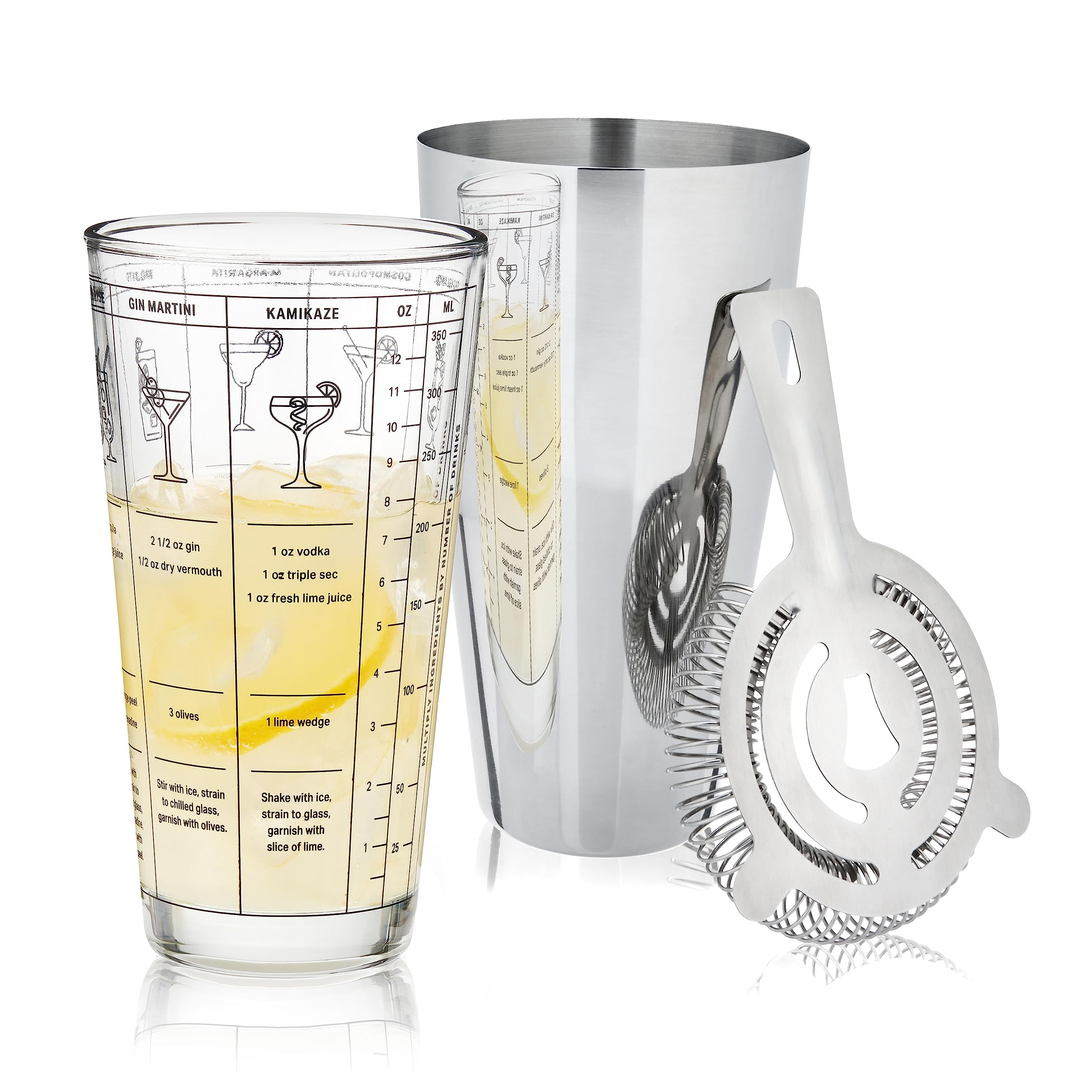 Photo 1 of ****MISSING GLASS **** True 3-Piece Barware Set for Mixed Drinks and Cold Brew Cocktails, Includes Cocktail Shaker Tin, Cocktail Mixing Glass with 7 Printed Recipes, and Hawthorne Strainer, Home Bar Tools, Bartender Gifts