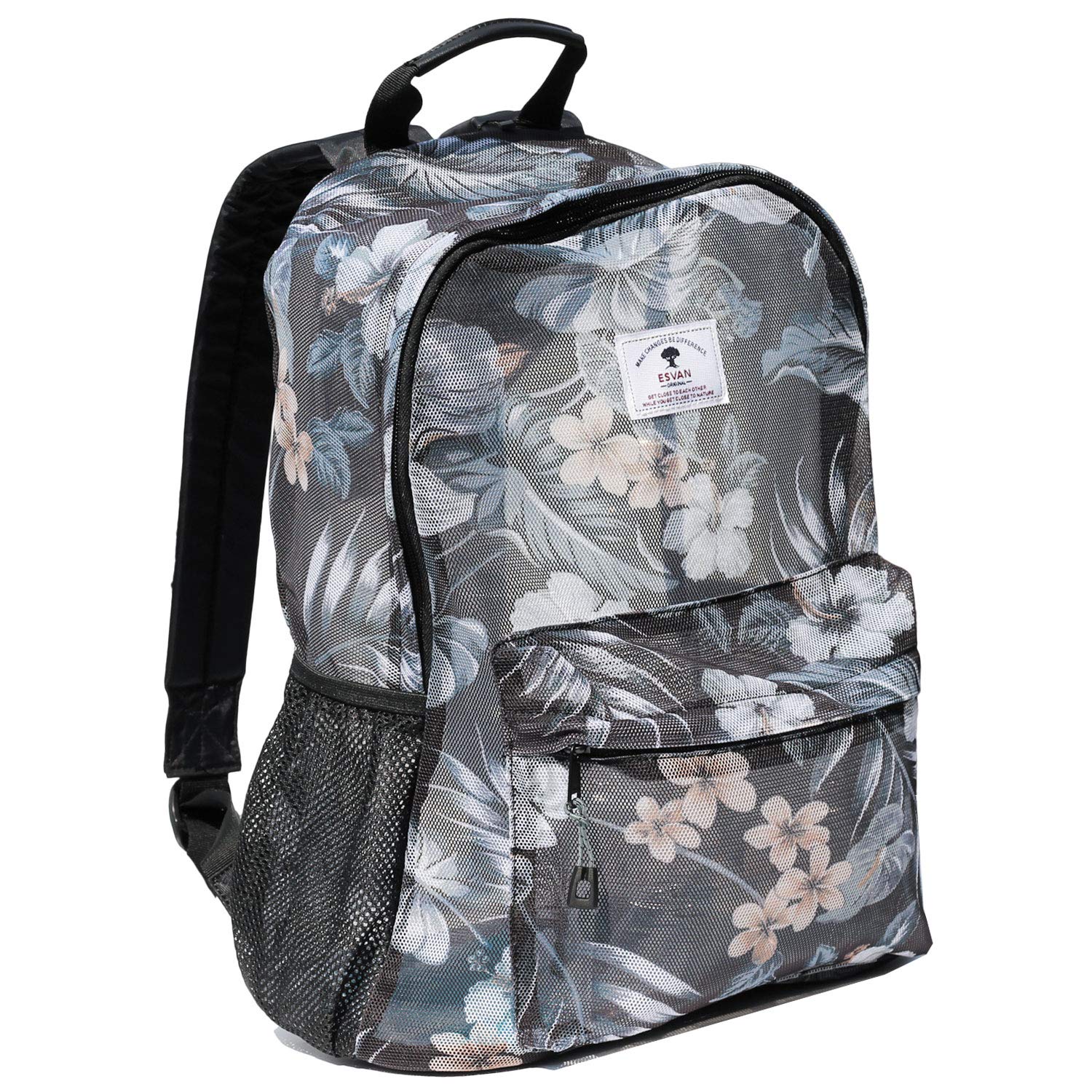 Original Print Mesh Backpack Semi-Transparent Sackpack See Through Beach Bag Daypack Multi-Purpose Women Men (Black&Gray Leaf-UK)