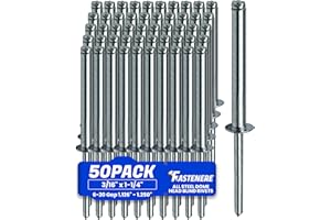 Fastenere Pop Rivets 3/16" x 1-1/4" (50 pcs) Aluminum Body Steel Mandrel, Heavy Duty, Open End, Low Carbon, Dome Head Blind Rivets, Corrosion Resistant & High Shear Strength, 6-20 Gap 1.126" - 1.250"
