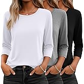 Ficerd 3 Pack 3/4 Sleeve Tops for Women Round Neck Dressy Basics Tees Casual Trendy Loose Fit T Shirts