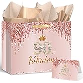 Yoirrat Rose Gold 90 Birthday Gift Bag for Women - Large Pink Happy 90th Birthday Gift Bag with Wrapping Paper and Card for Decorations Party Supplies