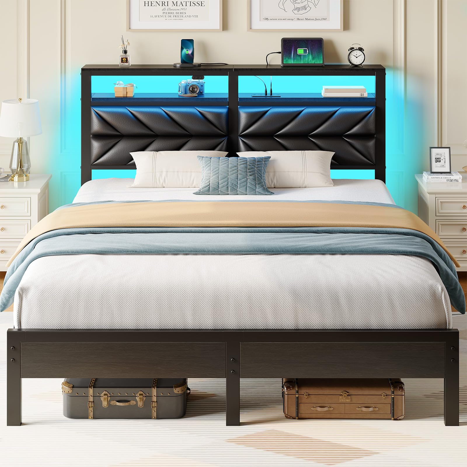 Seventable Queen Bed Frame with Charging Station & LED Lights, Upholstered Headboard with 2-Tier Storage Shelves, Metal Platform with Under Bed Storage, No Box Spring Needed, Easy Assembly, Black Image