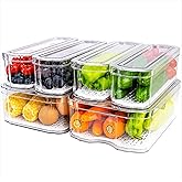 SMRCAD 6 Pack Clear Fridge Organizer Bins with Drain Trays - Stackable | BPA-Free PET, 6 Pack: 6 lidded Bins (Not drawer), He
