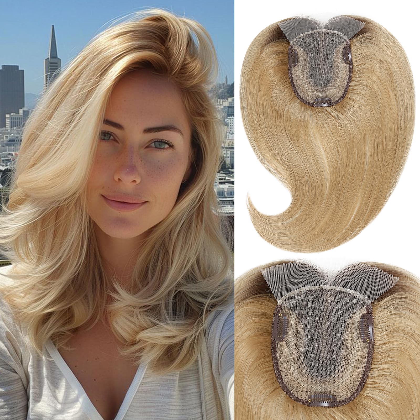 Photo 1 of FAVE Full Lace Futura 14 Inch Blonde Hair Toppers for Women Synthetic Hair Pieces Swiss Base with 3 Clips